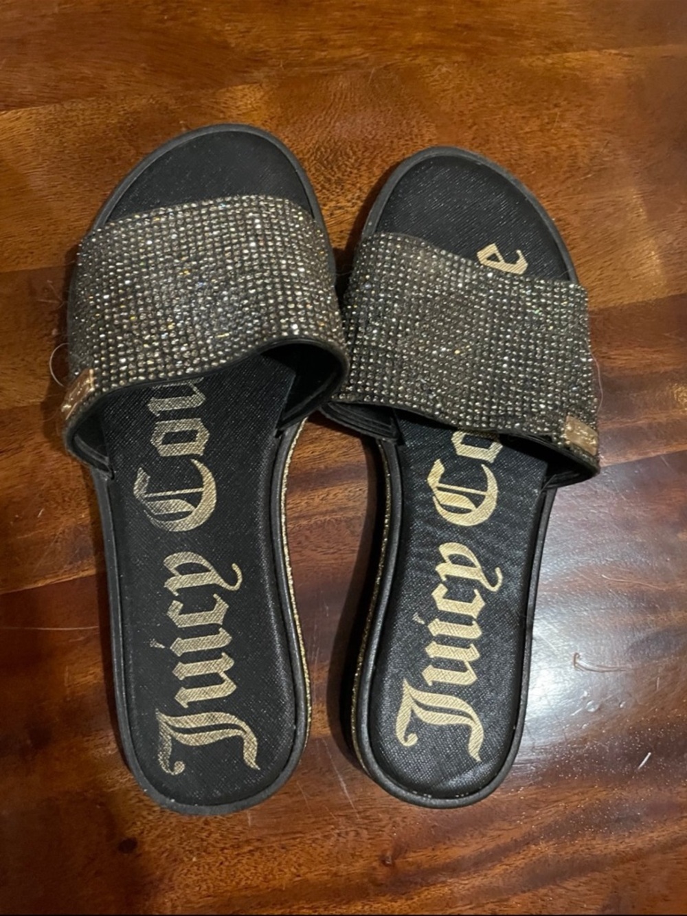 Juicy Couture Black and Gold Crystal Slide Sandals size 6